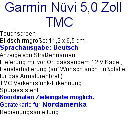 Beschreibung Garmin 5,0 Zoll TMC bei Navi mieten Kanada 